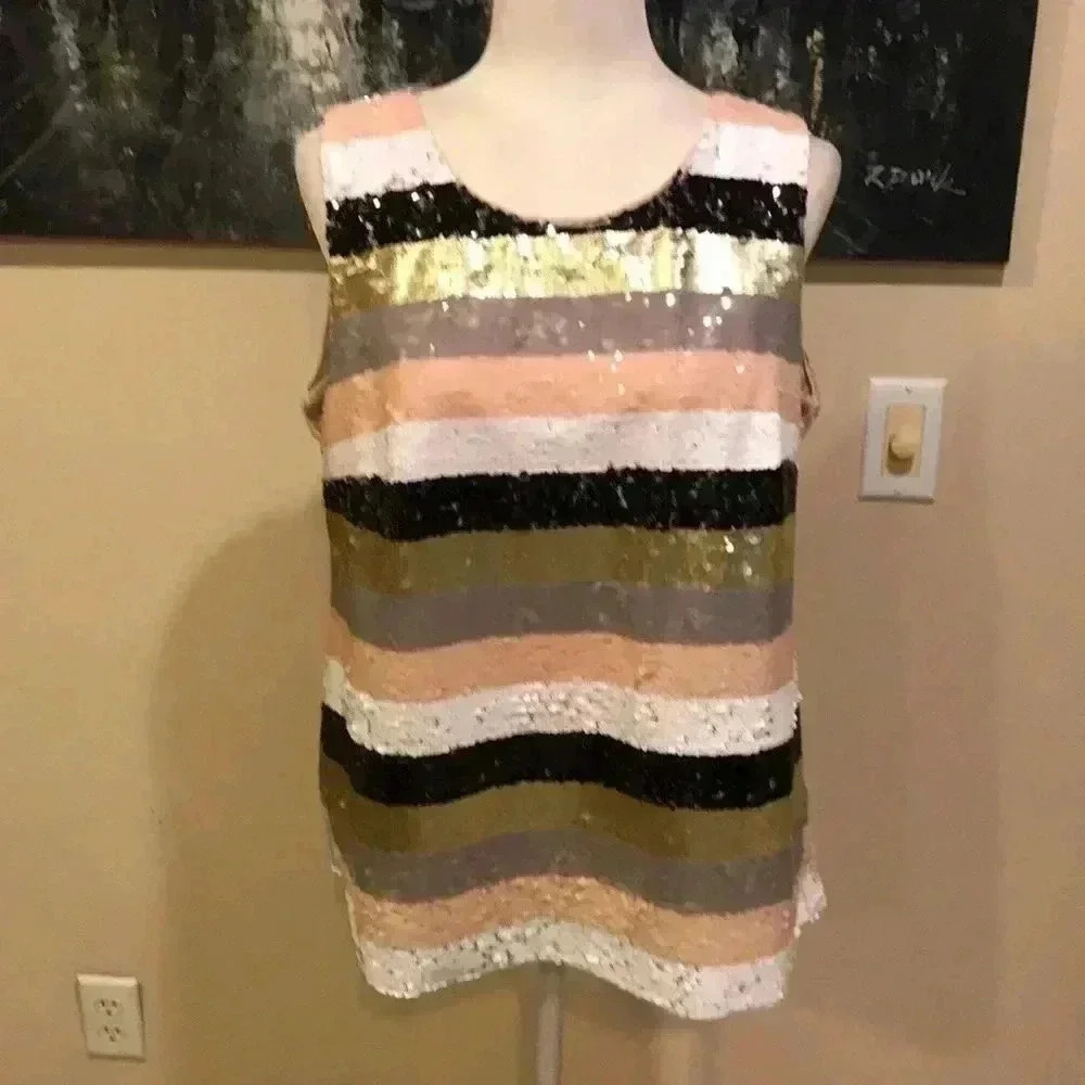 Calvin Klein Sequins Striped Black/Gold/Silver/Pink/White Top-Size L